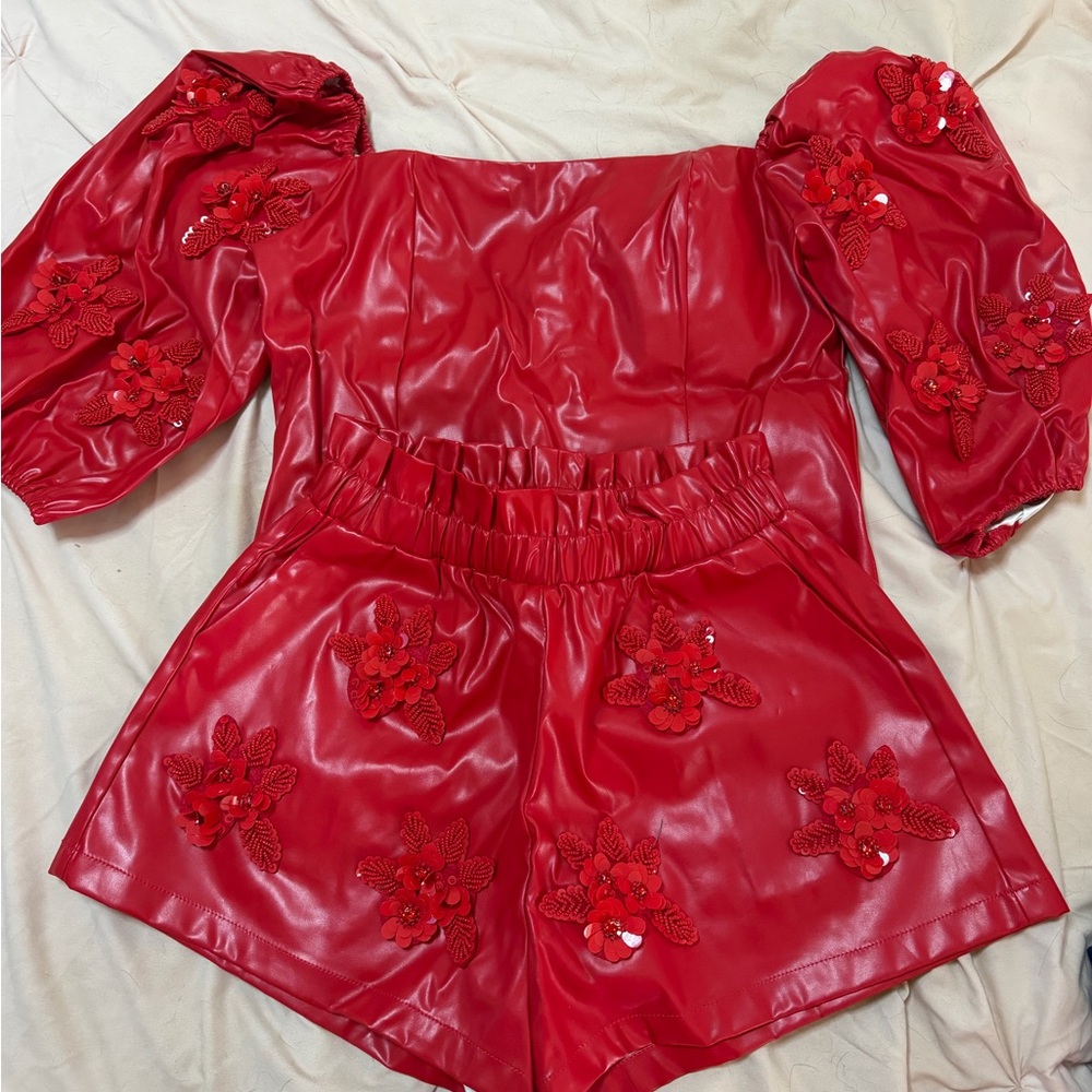 QUEEN OF SPARKLES Red Floral Embellished Top